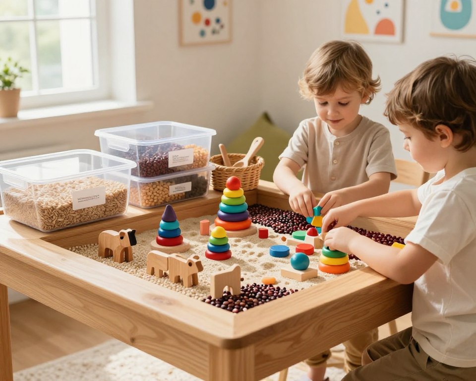 A cozy, well-organized sensory bin setup is displayed on a wooden table in a softly lit, cheerful room. In the foreground, vibrant wooden toys—like animal figures, building blocks, and colorful stacking rings—are artfully arranged among different textures such as sand, rice, and dried beans. A pair of small children in modest, casual clothing are gently exploring the bin, joyfully engaging with the toys. In the middle ground, clear bins neatly containing various sensory materials are labeled and stacked, with a small wicker basket holding scoops and tools nearby. Soft, natural light streams through a nearby window, casting a warm glow and creating a welcoming atmosphere. The background shows a simple, colorful wall adorned with playful art, completing the inviting scene. A cozy, well-organized sensory bin setup is displayed on a wooden table in a softly lit, cheerful room. In the foreground, vibrant wooden toys—like animal figures, building blocks, and colorful stacking rings—are artfully arranged among different textures such as sand, rice, and dried beans. A pair of small children in modest, casual clothing are gently exploring the bin, joyfully engaging with the toys. In the middle ground, clear bins neatly containing various sensory materials are labeled and stacked, with a small wicker basket holding scoops and tools nearby. Soft, natural light streams through a nearby window, casting a warm glow and creating a welcoming atmosphere. The background shows a simple, colorful wall adorned with playful art, completing the inviting scene.