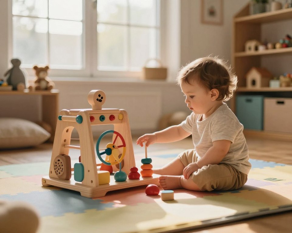 A serene and inviting playroom scene featuring calm sensory wooden toys designed for toddlers. In the foreground, a beautifully crafted wooden sensory playset, including textured blocks, spinning wheels, and shape sorters, sits on a soft, colorful foam mat. A toddler, dressed in modest casual clothing, is focused, reaching out with curiosity to explore the toys, embodying concentration and joy. In the middle, a gentle light filters through large windows, casting a warm, golden glow over the room, enhancing the rich wood tones of the toys. In the background, shelves lined with additional calming toys and plush cushions create a cozy, nurturing environment. The overall atmosphere is peaceful and engaging, illustrating the emotional benefits of sensory play for toddlers. Use a 50mm lens with soft focus for a realistic depth of field. A serene and inviting playroom scene featuring calm sensory wooden toys designed for toddlers. In the foreground, a beautifully crafted wooden sensory playset, including textured blocks, spinning wheels, and shape sorters, sits on a soft, colorful foam mat. A toddler, dressed in modest casual clothing, is focused, reaching out with curiosity to explore the toys, embodying concentration and joy. In the middle, a gentle light filters through large windows, casting a warm, golden glow over the room, enhancing the rich wood tones of the toys. In the background, shelves lined with additional calming toys and plush cushions create a cozy, nurturing environment. The overall atmosphere is peaceful and engaging, illustrating the emotional benefits of sensory play for toddlers. Use a 50mm lens with soft focus for a realistic depth of field.