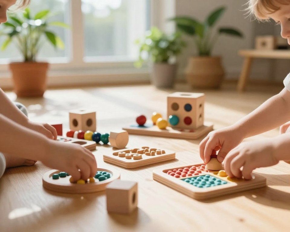 A serene indoor sensory play environment featuring a variety of wooden sensory toys like blocks, beads, and textured panels, arranged on a soft, natural wood surface. In the foreground, children’s hands explore the textures of different wooden pieces, showcasing engagement and curiosity. The middle ground displays a cozy play area with natural light streaming through large windows, creating warm, inviting shadows. In the background, potted plants add a touch of greenery, enhancing the atmosphere. The scene is captured with a 50mm lens, using soft focus to emphasize the wooden toys while subtly blurring the surrounding elements. The mood is joyful and nurturing, highlighting the benefits of wood in fostering creativity and sensory exploration in children.