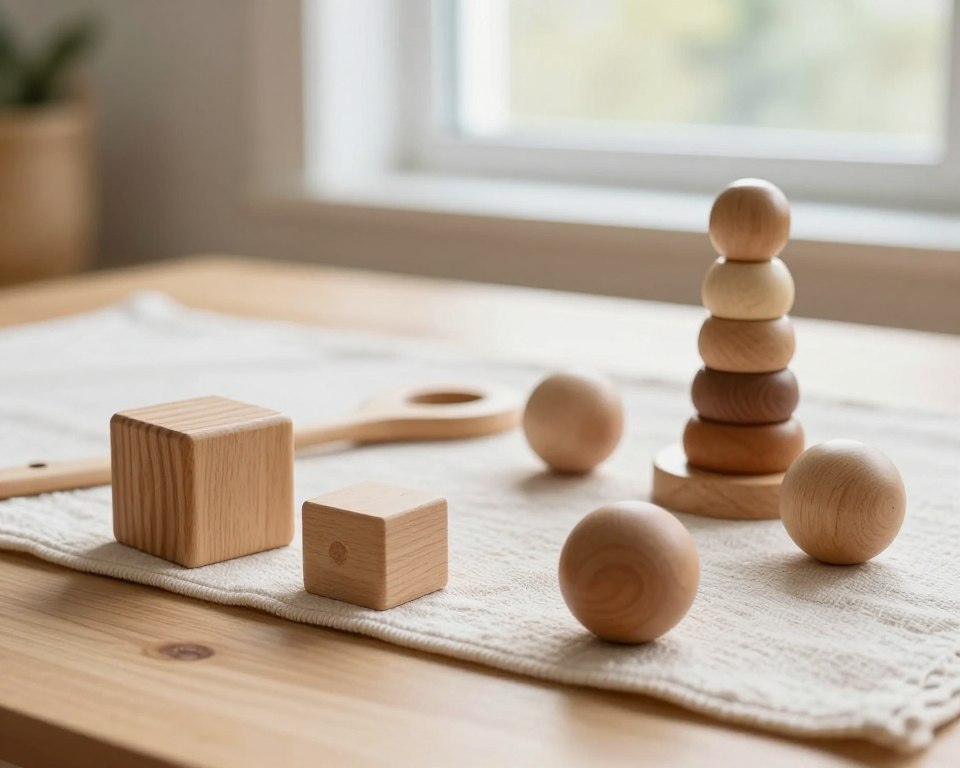 A serene tabletop setting featuring a variety of wooden sensory toys designed for toddlers. In the foreground, showcase calming toys such as a textured wooden block set, a natural wood stacker, and smooth, rounded sensory balls, all arranged invitingly. The middle ground includes a softly textured fabric mat in gentle earth tones, enhancing the warmth of the wood. In the background, a softly lit window bathes the scene in natural daylight, casting gentle shadows for a soothing effect. Use a shallow depth of field to focus on the toys, captured with a 50mm lens to emphasize their details and textures. The overall mood is peaceful and inviting, perfect for promoting a calming play experience. A serene tabletop setting featuring a variety of wooden sensory toys designed for toddlers. In the foreground, showcase calming toys such as a textured wooden block set, a natural wood stacker, and smooth, rounded sensory balls, all arranged invitingly. The middle ground includes a softly textured fabric mat in gentle earth tones, enhancing the warmth of the wood. In the background, a softly lit window bathes the scene in natural daylight, casting gentle shadows for a soothing effect. Use a shallow depth of field to focus on the toys, captured with a 50mm lens to emphasize their details and textures. The overall mood is peaceful and inviting, perfect for promoting a calming play experience.