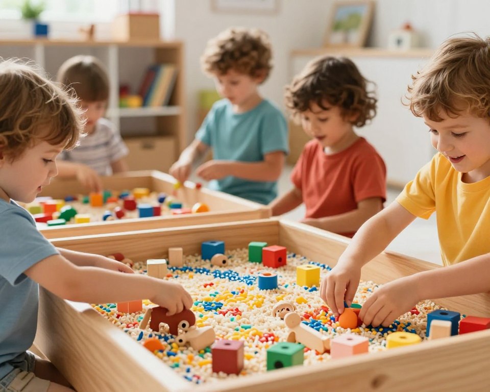 A vibrant and engaging scene showcasing a variety of creative activities and play ideas using wooden toys in sensory bins. In the foreground, a wooden sensory bin filled with colorful rice, sand, and small wooden toys, including animals and blocks. Children, dressed in bright, modest casual clothing, are playing and exploring, their joyful expressions reflecting curiosity and creativity. In the middle, soft natural light illuminates the scene, creating warm highlights on the tactile materials. The background features a cozy, well-lit playroom with shelves of toys and books, enhancing the inviting atmosphere of exploration and learning. The image captures a playful, cheerful mood, emphasizing the joy of sensory play. Shot with a 50mm lens to create a shallow depth of field that highlights the foreground activities while softly blurring the background. A vibrant and engaging scene showcasing a variety of creative activities and play ideas using wooden toys in sensory bins. In the foreground, a wooden sensory bin filled with colorful rice, sand, and small wooden toys, including animals and blocks. Children, dressed in bright, modest casual clothing, are playing and exploring, their joyful expressions reflecting curiosity and creativity. In the middle, soft natural light illuminates the scene, creating warm highlights on the tactile materials. The background features a cozy, well-lit playroom with shelves of toys and books, enhancing the inviting atmosphere of exploration and learning. The image captures a playful, cheerful mood, emphasizing the joy of sensory play. Shot with a 50mm lens to create a shallow depth of field that highlights the foreground activities while softly blurring the background.