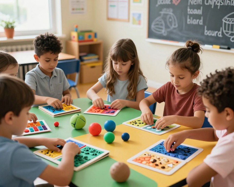 A vibrant, interactive classroom scene featuring a diverse group of children, seated at a colorful table, engaged in exploring various tactile learning materials. In the foreground, textured objects such as soft cloth books, colorful sensory balls, and textured flashcards are spread out, inviting touch. The middle ground showcases children, wearing modest, casual clothing, eagerly feeling the different textures, their expressions reflecting curiosity and joy. The background includes a chalkboard with illustrations related to language and learning. Soft, natural lighting filters through large windows, creating a warm, inviting atmosphere. The camera angle captures the scene from slightly above, emphasizing the hands-on learning experience and the rich, varied textures enhancing language acquisition and sensory engagement.