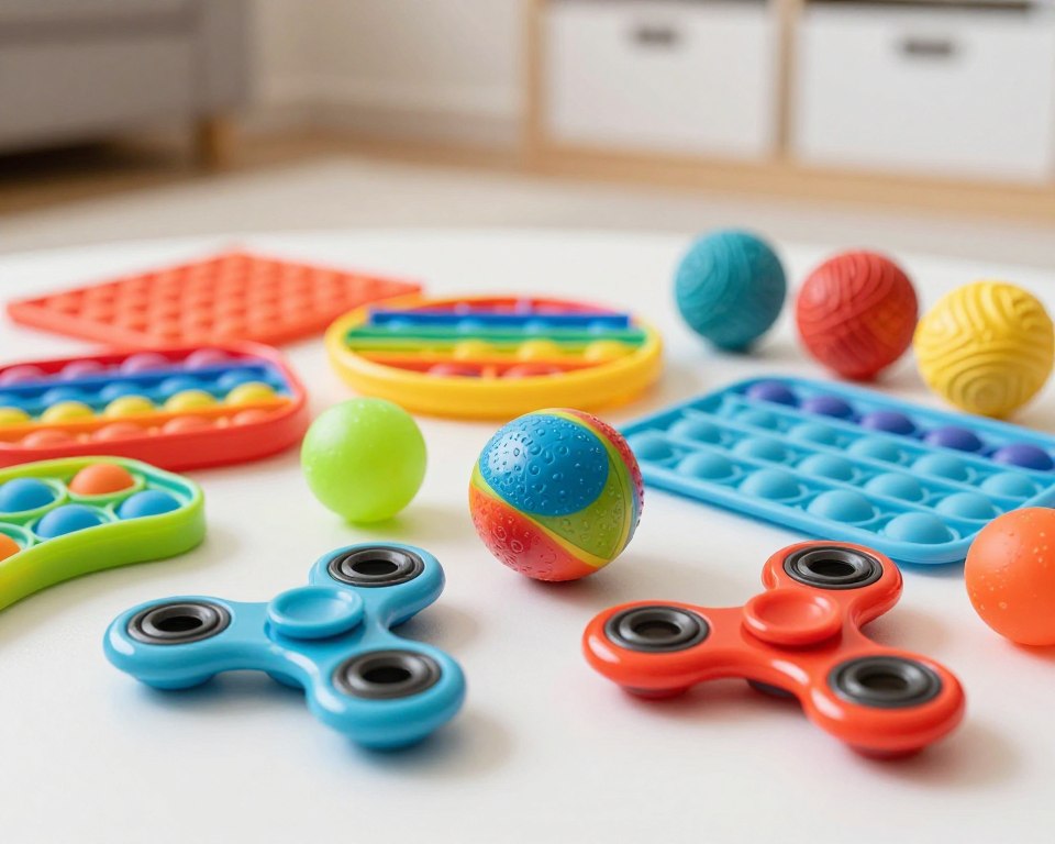 A well-organized composition showcasing a vibrant contrast between fidget toys and tactile sensory tools. In the foreground, a variety of colorful fidget toys, including spinners, squishy stress balls, and popping bubbles, are arranged dynamically, inviting interaction. In the middle ground, tactile sensory tools like textured sensory pads, educational manipulatives, and textured balls are displayed, highlighting their diverse surfaces and materials. The background features a soft-focus playroom setting with warm, inviting lighting, emphasizing a nurturing atmosphere. Use a macro lens to capture intricate textures and details, ensuring bright, vivid colors and soft shadows create a playful yet calming mood. The overall image should feel engaging and informative, targeting parents who are looking for sensory-safe options for their children.