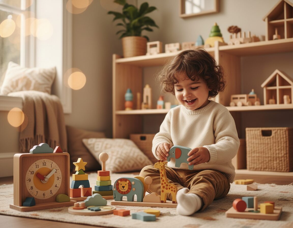 A beautifully arranged display of innovative wooden toy designs, set against a soft, natural light backdrop. In the foreground, a variety of creatively crafted toys such as a wooden clock with movable hands, a stacking block set with engaging shapes, and a multi-functional puzzle featuring animals. The middle ground showcases a small child playing with one of the toys, dressed in modest casual clothing, joyfully interacting with the colorful designs. The background features a cozy playroom with wooden shelves filled with more toys and soft, warm decor. The image is captured with a 50mm lens, emphasizing clarity and detail, with a shallow depth of field to create a gentle bokeh effect, evoking a warm and inviting atmosphere of creativity and learning.