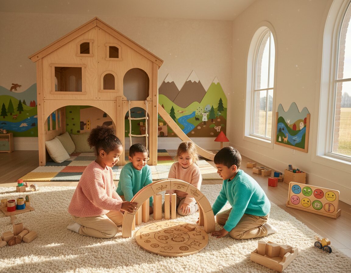 A bright and vibrant playroom filled with a variety of wooden toys, illustrating actionable play activities for emotional learning. In the foreground, a diverse group of children, casually dressed in colorful, comfortable clothing, are engaged in cooperative play, maneuvering wooden blocks and puzzles that focus on problem-solving and teamwork. The middle ground features a large, inviting wooden play structure adorned with ladders and slides, while a soft, textured carpet invites movement and exploration. The background shows cheerful, wall-mounted artwork of nature scenes, enhancing a warm and nurturing atmosphere. Soft afternoon sunlight filters through large windows, casting gentle shadows and creating a welcoming, joyful environment. Capture the image using a 35mm lens for an authentic and detailed perspective, ensuring a clear focus on the play activities and the children’s expressions of joy and collaboration.