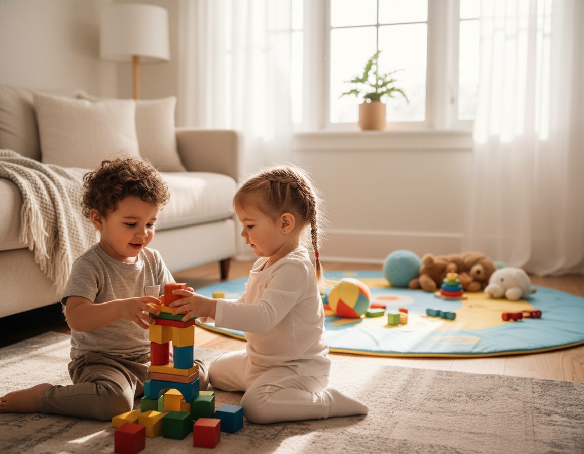 A cozy home environment showcasing a tender moment of toddlers engaged in play that fosters social-emotional skills. In the foreground, two children, a boy and a girl, are playing with colorful building blocks, concentrating on collaboration. Their expressions reflect joy and focus, with bright, warm lighting illuminating their faces. In the middle ground, a welcoming playmat scattered with toys signifies a nurturing space, surrounded by plush furniture and soft cushions. The background features a sunny window with sunlight streaming in, creating a cheerful and inviting atmosphere. The scene is captured from a slightly elevated angle, using a standard lens to maintain a natural depth of field. The overall mood is playful, supportive, and emotionally rich, emphasizing connection and learning through play. A cozy home environment showcasing a tender moment of toddlers engaged in play that fosters social-emotional skills. In the foreground, two children, a boy and a girl, are playing with colorful building blocks, concentrating on collaboration. Their expressions reflect joy and focus, with bright, warm lighting illuminating their faces. In the middle ground, a welcoming playmat scattered with toys signifies a nurturing space, surrounded by plush furniture and soft cushions. The background features a sunny window with sunlight streaming in, creating a cheerful and inviting atmosphere. The scene is captured from a slightly elevated angle, using a standard lens to maintain a natural depth of field. The overall mood is playful, supportive, and emotionally rich, emphasizing connection and learning through play.