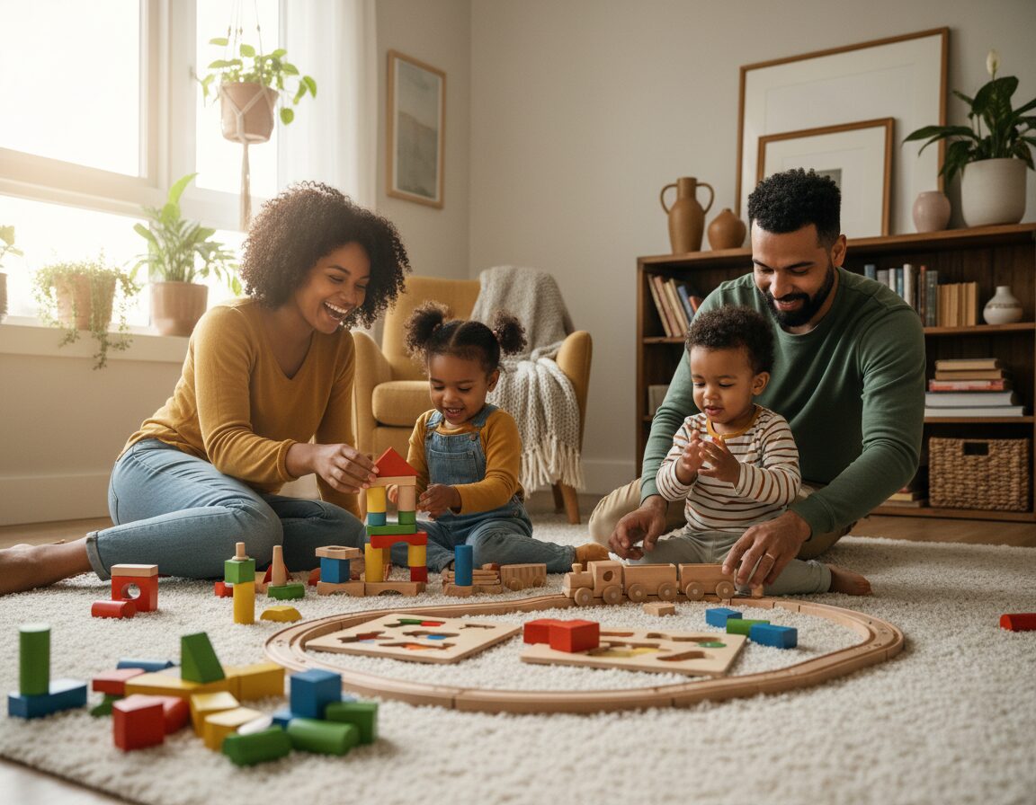 A cozy living room scene featuring a diverse family—parents and two children—happily playing with an assortment of beautifully crafted wooden toys. In the foreground, colorful wooden blocks and a puzzle are scattered on a soft rug, while a classic wooden train set winds through the scene. The middle ground showcases family members engaged in play, radiating joy and connection, wearing cheerful, casual clothing. The background features warm, inviting decor with plants and soft lighting filtering through a window, creating a serene atmosphere. Capture this scene using a 35mm lens with soft focus to highlight the warmth and creativity of family bonding moments, inviting viewers to feel the joy and connection. A cozy living room scene featuring a diverse family—parents and two children—happily playing with an assortment of beautifully crafted wooden toys. In the foreground, colorful wooden blocks and a puzzle are scattered on a soft rug, while a classic wooden train set winds through the scene. The middle ground showcases family members engaged in play, radiating joy and connection, wearing cheerful, casual clothing. The background features warm, inviting decor with plants and soft lighting filtering through a window, creating a serene atmosphere. Capture this scene using a 35mm lens with soft focus to highlight the warmth and creativity of family bonding moments, inviting viewers to feel the joy and connection.