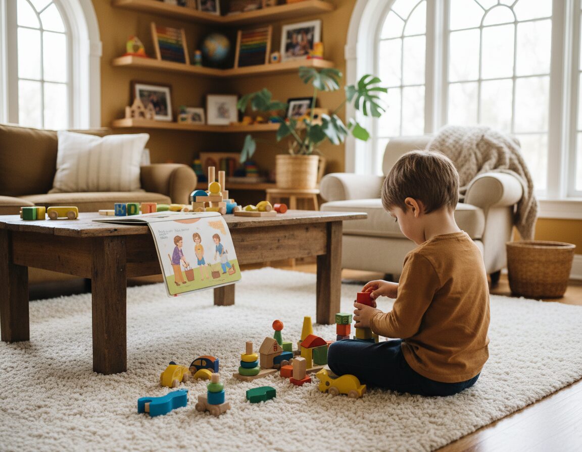 A cozy living room setting with a warm, inviting atmosphere. In the foreground, a child plays joyfully with colorful wooden toys scattered on a soft rug, engaging in imaginative play. The middle ground features a coffee table with an open book illustrating daily activities interspersed with wooden building blocks and puzzle pieces. In the background, sunlight filters through large windows, casting soft shadows and highlighting shelves filled with more wooden toys and family photos. A houseplant adds a touch of nature to the scene. The overall mood is cheerful and nurturing, reflecting the integration of playful learning into daily routines. Capture this scene with a warm color palette using a 50mm lens for depth of field, aiming for a soft focus on the background to emphasize the child’s engagement with the toys. A cozy living room setting with a warm, inviting atmosphere. In the foreground, a child plays joyfully with colorful wooden toys scattered on a soft rug, engaging in imaginative play. The middle ground features a coffee table with an open book illustrating daily activities interspersed with wooden building blocks and puzzle pieces. In the background, sunlight filters through large windows, casting soft shadows and highlighting shelves filled with more wooden toys and family photos. A houseplant adds a touch of nature to the scene. The overall mood is cheerful and nurturing, reflecting the integration of playful learning into daily routines. Capture this scene with a warm color palette using a 50mm lens for depth of field, aiming for a soft focus on the background to emphasize the child’s engagement with the toys.