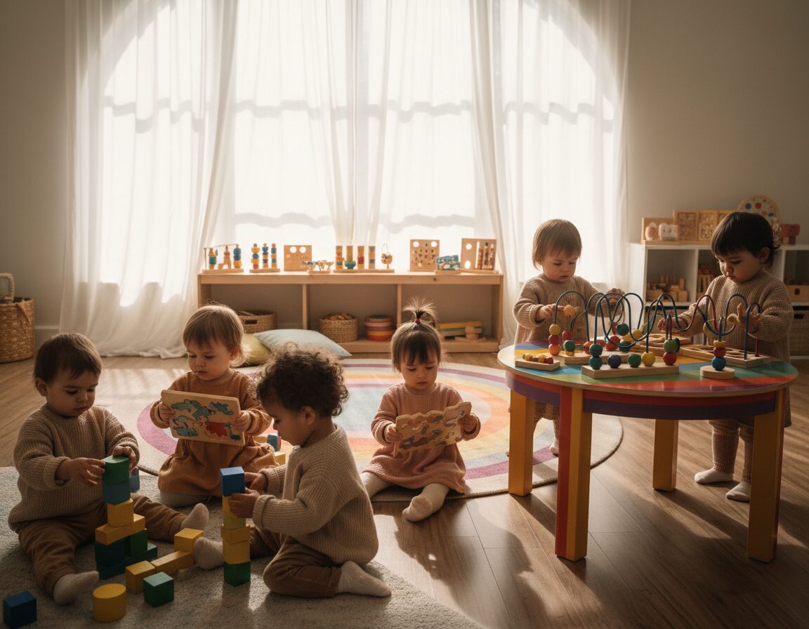 A cozy playroom filled with colorful wooden toys designed to enhance fine motor skills and cognitive development. In the foreground, a diverse group of toddlers, dressed in modest casual clothing, are engaged in play with stackable wooden blocks and interlocking puzzles, their expressions focused and joyful. The middle ground showcases a brightly painted wooden activity table adorned with toys, encouraging dexterity and creativity. The background features soft, natural light streaming through a window adorned with sheer curtains, creating a warm and inviting atmosphere. A wide-angle lens captures the bustling scene, emphasizing the vibrant colors of the toys and the enthusiastic interaction among the children, highlighting the nurturing environment of imaginative play.