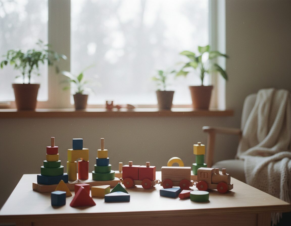 A cozy, softly lit room featuring a variety of handcrafted non-toxic wooden toys arranged artfully on a natural wooden table in the foreground. The toys include colorful stacking blocks, a wooden train, and simple geometric shapes, all showcasing their smooth textures and rich, warm hues. In the middle background, a light, airy window allows gentle sunlight to filter in, casting soft shadows that enhance the serene atmosphere. A few potted plants are placed on a wooden shelf, adding an organic touch to the space. Use a 50mm lens for a slightly blurred background effect, creating depth. The mood is peaceful and inviting, emphasizing sensory play elements with natural textures and colors that promote calmness and exploration for overstimulated children.