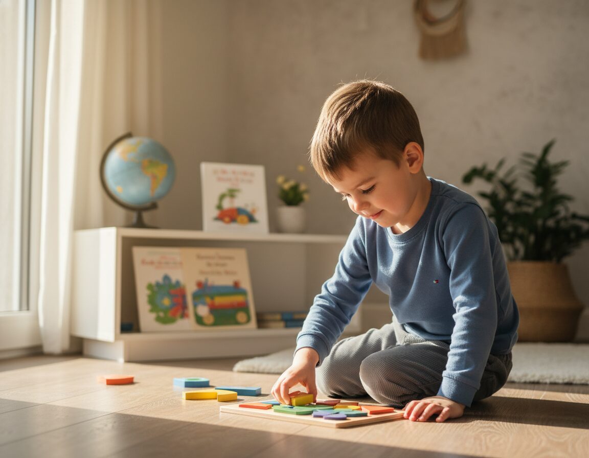 A focused child, around six years old, engaged in learning with a few carefully chosen educational toys scattered around. In the foreground, the child sits on the floor in a sunlit room, with natural light streaming through a large window, creating a warm and inviting atmosphere. The child is dressed in comfortable, modest casual clothing, deeply engrossed in a colorful puzzle that enhances critical thinking skills. In the middle ground, a small bookshelf holds a few books aimed at young learners. The background features soft, blurred images of minimalistic decor, emphasizing simplicity. The image is shot from a slightly elevated angle, using a 35mm lens to capture the child's expression of concentration and joy, reflecting the theme of deeper learning through simplified playtime.