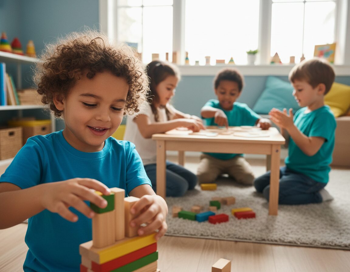A serene and engaging child therapy setting featuring a diverse group of children aged 4-7, skillfully playing with a variety of colorful wooden toys, such as blocks, puzzles, and figures. In the foreground, capture a child carefully stacking wooden blocks, with an expression of concentration and joy. The middle ground showcases other children collaborating on a puzzle, promoting teamwork and communication. In the background, incorporate soft natural lighting coming from a window, casting gentle shadows that enhance the warm, inviting atmosphere. Use a 50mm lens to create a shallow depth of field, blurring the background slightly, which focuses on the children’s expressions and interactions. The overall mood should be positive, highlighting the therapeutic benefits and skill development that wooden toys provide in a nurturing environment.