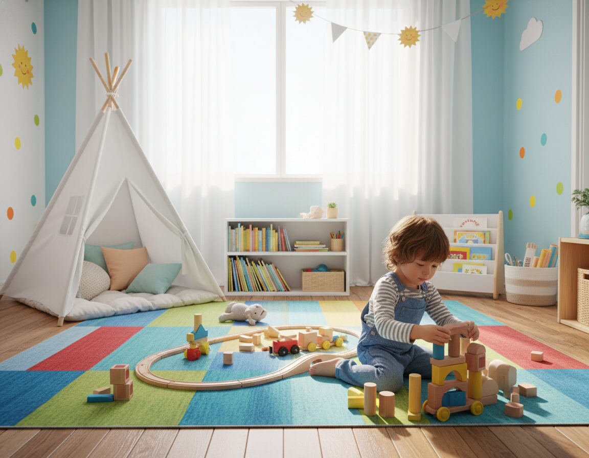 A serene indoor playroom setting designed for independent play, featuring a colorful rug spread on the floor with various age-appropriate toys thoughtfully arranged around it. In the foreground, a young child (around 4 years old) is playing with building blocks, focused and immersed in their activity, wearing comfortable, casual clothing. In the middle, a cozy reading nook with soft cushions and a small bookshelf filled with children's books, inviting exploration. The background showcases gentle, diffused natural light streaming in through a window, illuminating the scene with a warm glow. The room is decorated with bright, cheerful colors, fostering a joyful and safe atmosphere, emphasizing the concept of independent play strategies. Camera angle at eye level to encapsulate the child's perspective. A serene indoor playroom setting designed for independent play, featuring a colorful rug spread on the floor with various age-appropriate toys thoughtfully arranged around it. In the foreground, a young child (around 4 years old) is playing with building blocks, focused and immersed in their activity, wearing comfortable, casual clothing. In the middle, a cozy reading nook with soft cushions and a small bookshelf filled with children's books, inviting exploration. The background showcases gentle, diffused natural light streaming in through a window, illuminating the scene with a warm glow. The room is decorated with bright, cheerful colors, fostering a joyful and safe atmosphere, emphasizing the concept of independent play strategies. Camera angle at eye level to encapsulate the child's perspective.