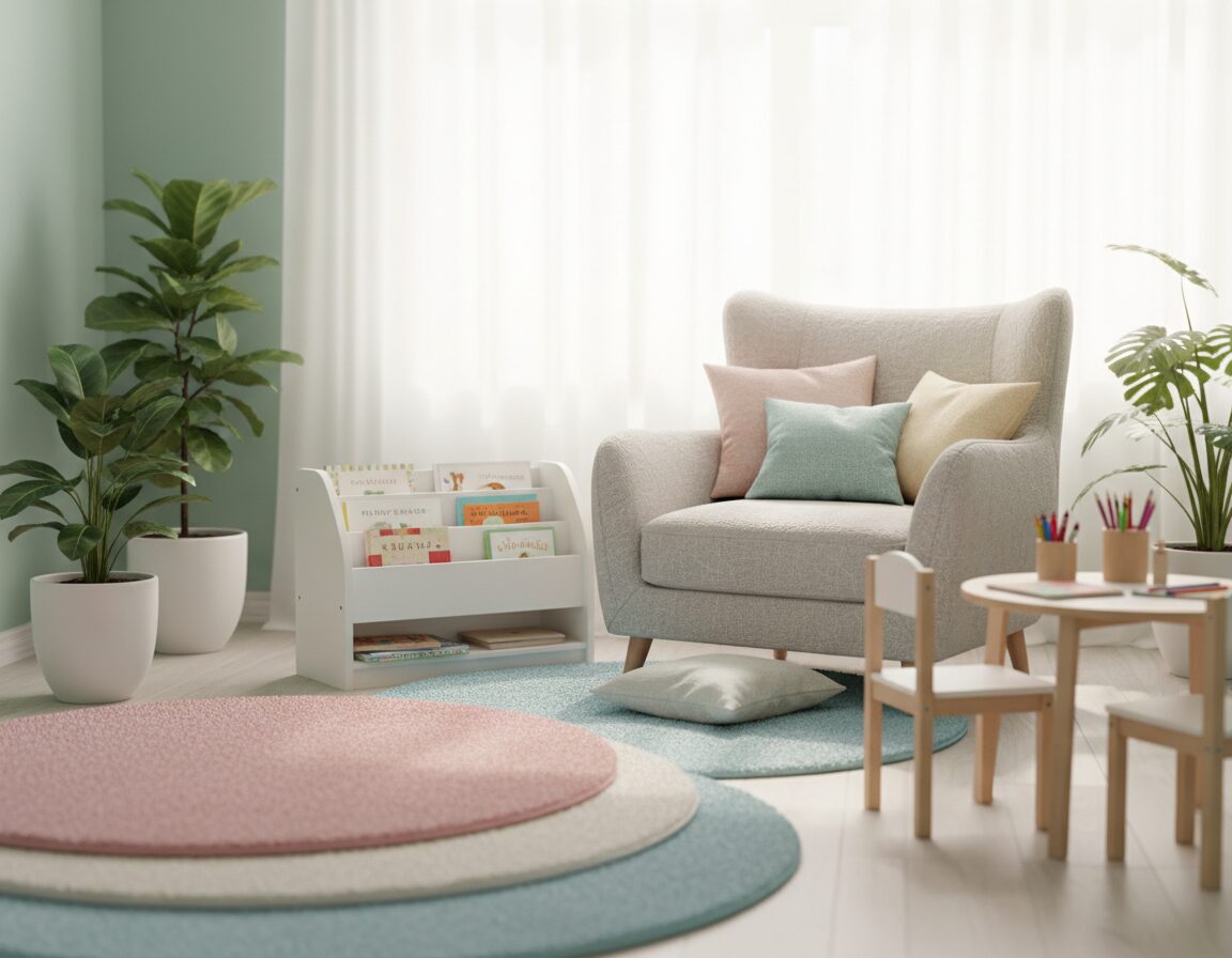 A serene play space designed for calmness and tranquility. In the foreground, soft, plush rugs in soothing pastel colors invite relaxation. A cozy reading nook with oversized pillows and a small bookshelf filled with colorful children's books occupies the middle ground. In the background, gentle natural light filters through sheer curtains, illuminating the space and highlighting minty green walls. There are potted plants for a touch of nature and a small wooden table with art supplies neatly arranged. Use a 50mm lens for a shallow depth of field, capturing the warmth and inviting atmosphere. The overall mood is peaceful and nurturing, perfect for fostering creativity and relaxation in children.