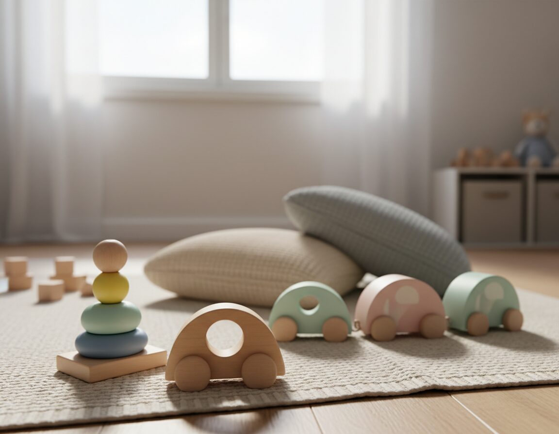 A serene setting showcasing simple wooden toys arranged on a soft, textured blanket. In the foreground, feature a hand-crafted, smooth wooden car and a colorful stacking toy composed of natural wood beads. In the middle ground, include a gentle, calming toy train with soft curves and pastel shades, surrounded by a couple of plush, cozy cushions. The background should reflect a peaceful playroom with soft, diffused natural light filtering through a window, creating a warm atmosphere. The scene should evoke feelings of tranquility and innocence, emphasizing the calming effects of wooden play. Use a 50mm lens for a realistic depth of field. The overall image should feel inviting and harmonious, ideal for promoting laid-back playtime.