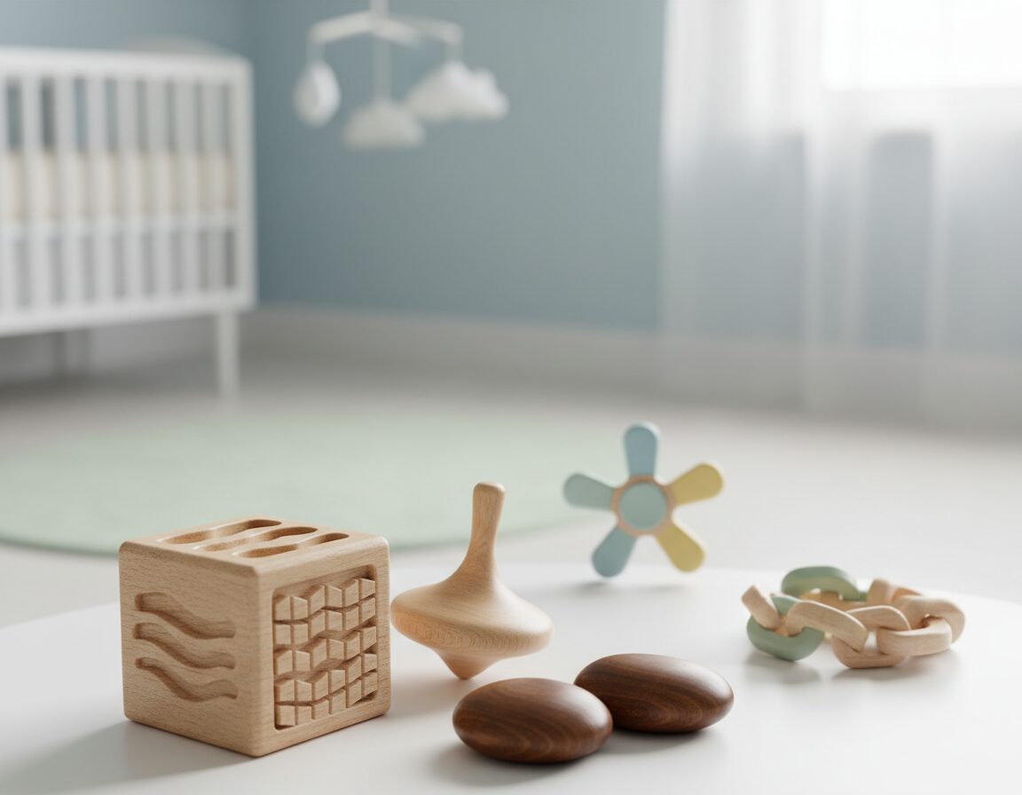A serene tabletop arrangement showcasing various types of calming wooden fidget toys for anxious kids. In the foreground, highlight a beautifully polished wooden sensory cube with various textures, a smooth spinning top, and a pair of soothing tactile worry stones. In the middle ground, include a colorful wooden fidget spinner and a set of interlocking wooden beads. The background features a soft, blurred nursery setting with gentle pastel colors, creating a calm and inviting atmosphere. Use soft, natural lighting to enhance the warmth of the wooden textures, and shoot from a slightly elevated angle to capture all elements effectively. The overall mood should be peaceful and reassuring, evoking a sense of comfort and tranquility.