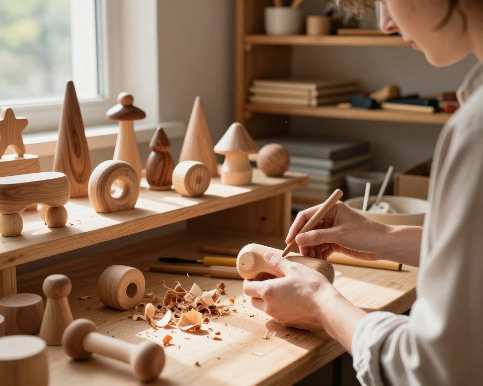 A serene workshop bathed in warm, natural light, showcasing the art of sustainable wood toy making. In the foreground, a skilled artisan, dressed in modest casual clothing, meticulously carves a smooth, textured wooden toy, surrounded by shavings of natural wood. The middle layer features an array of handmade wooden toys in various shapes and sizes, emphasizing their organic textures and grains. Soft, dappled light filters through a nearby window, casting gentle shadows and highlighting the craftsmanship. The background reveals rustic wooden shelves stocked with eco-friendly materials and tools, reinforcing a commitment to sustainability. The overall atmosphere is calm and inviting, celebrating the beauty and tactile nature of natural wood in toy creation. Use a 50mm lens to capture rich details and depth, creating a lifelike and engaging scene. A serene workshop bathed in warm, natural light, showcasing the art of sustainable wood toy making. In the foreground, a skilled artisan, dressed in modest casual clothing, meticulously carves a smooth, textured wooden toy, surrounded by shavings of natural wood. The middle layer features an array of handmade wooden toys in various shapes and sizes, emphasizing their organic textures and grains. Soft, dappled light filters through a nearby window, casting gentle shadows and highlighting the craftsmanship. The background reveals rustic wooden shelves stocked with eco-friendly materials and tools, reinforcing a commitment to sustainability. The overall atmosphere is calm and inviting, celebrating the beauty and tactile nature of natural wood in toy creation. Use a 50mm lens to capture rich details and depth, creating a lifelike and engaging scene.
