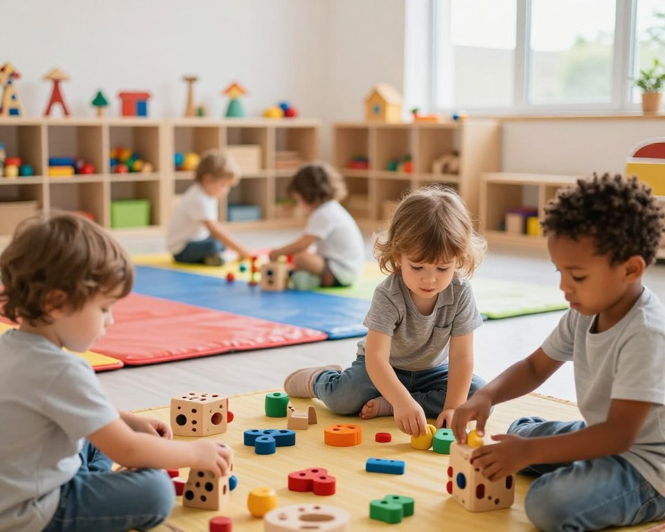 A vibrant indoor play space designed for children, showcasing engaging texture-based wooden toys. In the foreground, a group of diverse children, aged 3-5 years, are joyfully exploring various textured toys, their faces filled with curiosity and excitement. In the middle ground, colorful soft mats provide a safe play area, while neatly arranged shelves hold an array of textured toys. The background features large windows allowing warm, natural light to flood the room, enhancing the inviting atmosphere. The camera angle is slightly elevated, capturing the scene from a child's perspective, creating a sense of immersion. Aim for a bright, cheerful mood, conveying the joy of learning through play. Soft focus on the background emphasizes the action in the foreground, creating a dynamic yet serene composition. A vibrant indoor play space designed for children, showcasing engaging texture-based wooden toys. In the foreground, a group of diverse children, aged 3-5 years, are joyfully exploring various textured toys, their faces filled with curiosity and excitement. In the middle ground, colorful soft mats provide a safe play area, while neatly arranged shelves hold an array of textured toys. The background features large windows allowing warm, natural light to flood the room, enhancing the inviting atmosphere. The camera angle is slightly elevated, capturing the scene from a child's perspective, creating a sense of immersion. Aim for a bright, cheerful mood, conveying the joy of learning through play. Soft focus on the background emphasizes the action in the foreground, creating a dynamic yet serene composition.