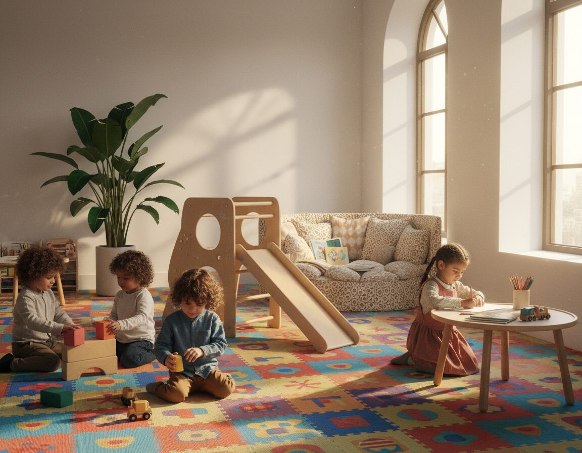 A vibrant, inviting play space for children, showcasing an array of colorful, soft play mats scattered across the floor and whimsical structures like a small wooden climbing frame and a cozy reading nook filled with plush cushions. In the foreground, a group of children of diverse backgrounds are engaged in imaginative play, dressed in modest casual clothing, happily interacting with toys and art supplies. The middle ground features a bright, sunlit area with warm, natural light streaming through large windows, highlighting the playful surroundings. In the background, leafy plants add a touch of nature, creating a serene and inviting atmosphere. The image is captured with a 35mm lens to provide a sense of depth, emphasizing joy and creativity within the space.