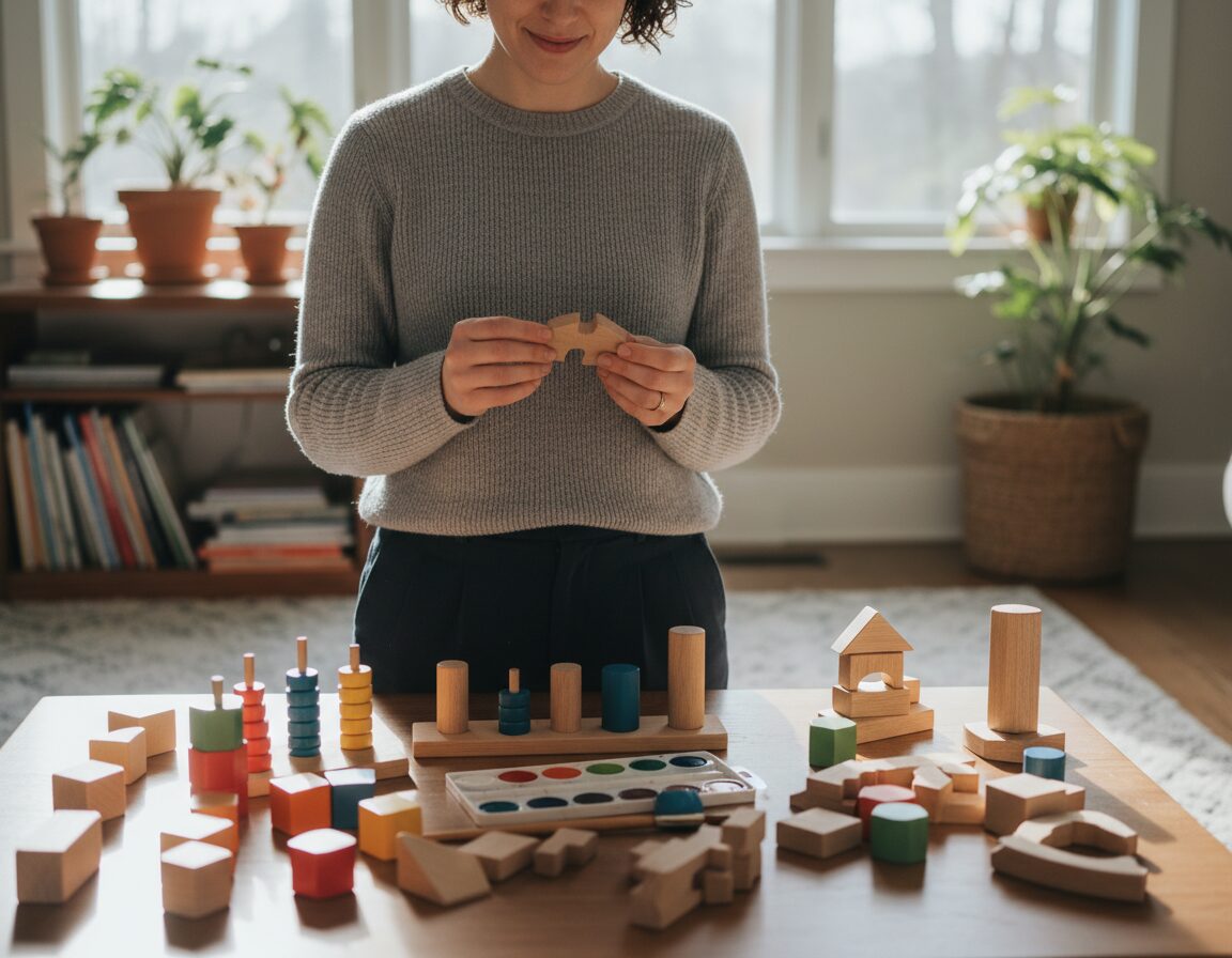 A warm, inviting setting that showcases a curated selection of thoughtfully chosen toys on a wooden table. In the foreground, a colorful assortment of educational toys, art supplies, and sustainable wooden blocks are neatly arranged. In the middle, a thoughtful parent or caregiver, dressed in casual yet professional attire, examines a toy, hands thoughtfully positioned to reflect a sense of intention. The background features soft, natural light flooding through a nearby window, creating a cozy atmosphere filled with soft shadows. Use a 50mm lens to capture the intimate details, focusing on the joyful expressions and engaging environment. The mood is serene, encouraging mindfulness in choices, with an emphasis on quality over quantity in toy selection. A warm, inviting setting that showcases a curated selection of thoughtfully chosen toys on a wooden table. In the foreground, a colorful assortment of educational toys, art supplies, and sustainable wooden blocks are neatly arranged. In the middle, a thoughtful parent or caregiver, dressed in casual yet professional attire, examines a toy, hands thoughtfully positioned to reflect a sense of intention. The background features soft, natural light flooding through a nearby window, creating a cozy atmosphere filled with soft shadows. Use a 50mm lens to capture the intimate details, focusing on the joyful expressions and engaging environment. The mood is serene, encouraging mindfulness in choices, with an emphasis on quality over quantity in toy selection.