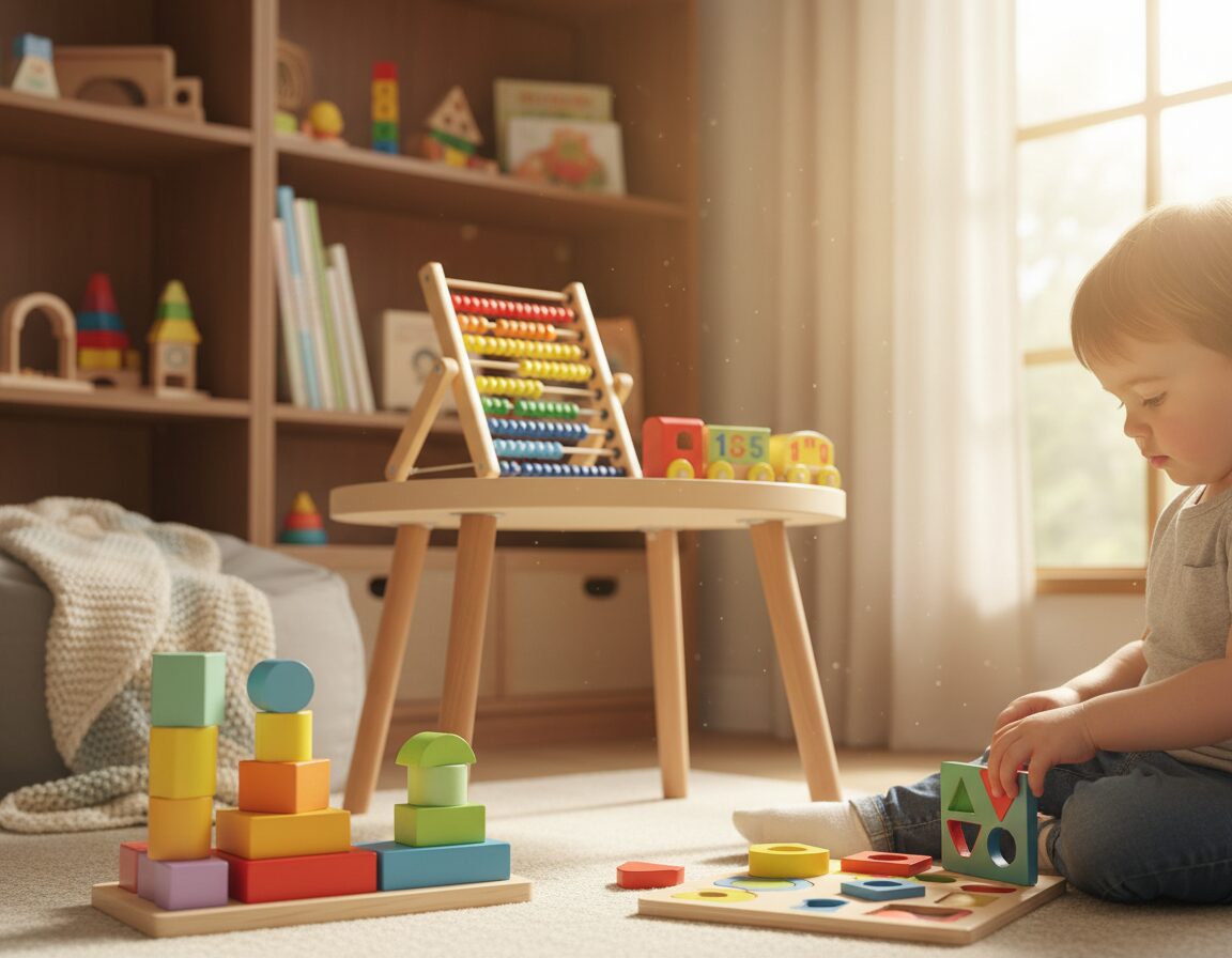 A cozy, sunlit playroom filled with an array of wooden toys designed to encourage learning. In the foreground, a vibrant wooden puzzle with colorful shapes is being explored by a child, their hands gently manipulating the pieces. To the left, a set of stacking blocks in various sizes and hues rests neatly, inviting creative construction. In the middle ground, a small table holds an abacus and a wooden counting train, emphasizing educational play. The background features warm wooden shelves filled with more toys and books, bathed in soft, natural light streaming through a nearby window. Use a shallow depth of field to create a dreamy bokeh effect, capturing the joyful atmosphere of exploration and discovery. The overall mood is cheerful and inviting, perfect for fostering a love of learning through play.