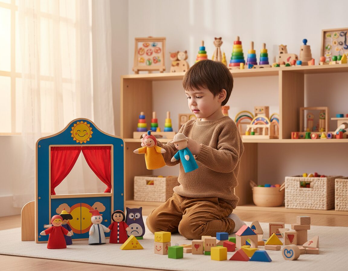 A cozy, well-lit playroom scene featuring an assortment of innovative wooden role-play toys designed to foster emotional growth. In the foreground, a vibrant, hand-crafted wooden puppet theater with diverse puppet characters representing different emotions. To the side, wooden blocks and shapes depicting feelings like joy, sadness, and curiosity are scattered playfully, inviting interaction. In the middle ground, a child, dressed in modest casual clothing, engages with the puppets, their expression filled with wonder, as they enact a playful scenario. The background reveals shelves filled with more educational toys, bathed in soft, warm lighting from a nearby window, creating an inviting atmosphere for emotional exploration. The image is shot with a 50mm lens, capturing a warm, intimate perspective.