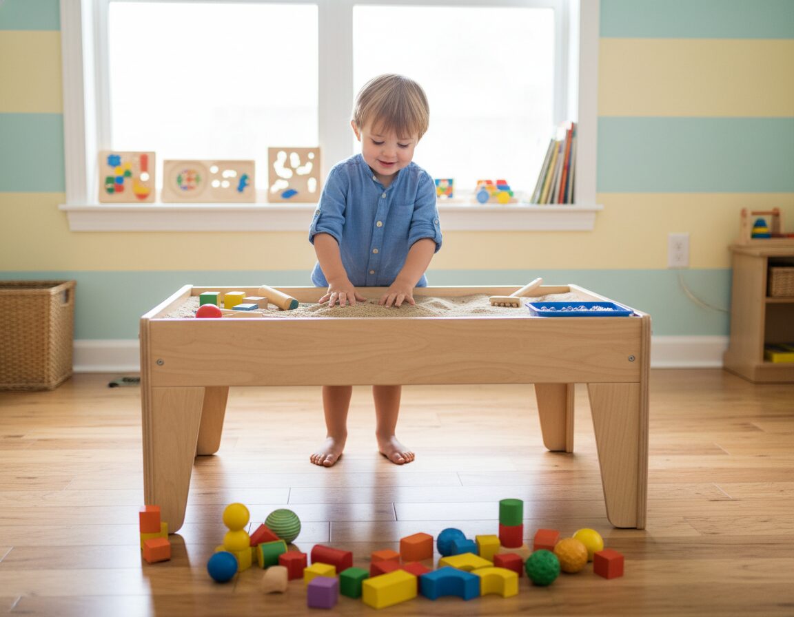 A serene playroom featuring a wooden sensory play setup designed for young children. In the foreground, a colorful array of wooden toys, including stacking blocks, tactile balls, and a sensory table filled with textured materials like sand and water beads. In the middle ground, a child wearing modest casual clothing engages with the toys, their expression focused and joyful, highlighting the creativity of sensory play. In the background, soft natural light streams through a window, illuminating the warm wooden floors and vibrant wall colors. The atmosphere is inviting and calm, perfect for enhancing transitions through play and exploration. The image captures a moment of joyful learning, emphasizing the importance of sensory strategies in childhood development.