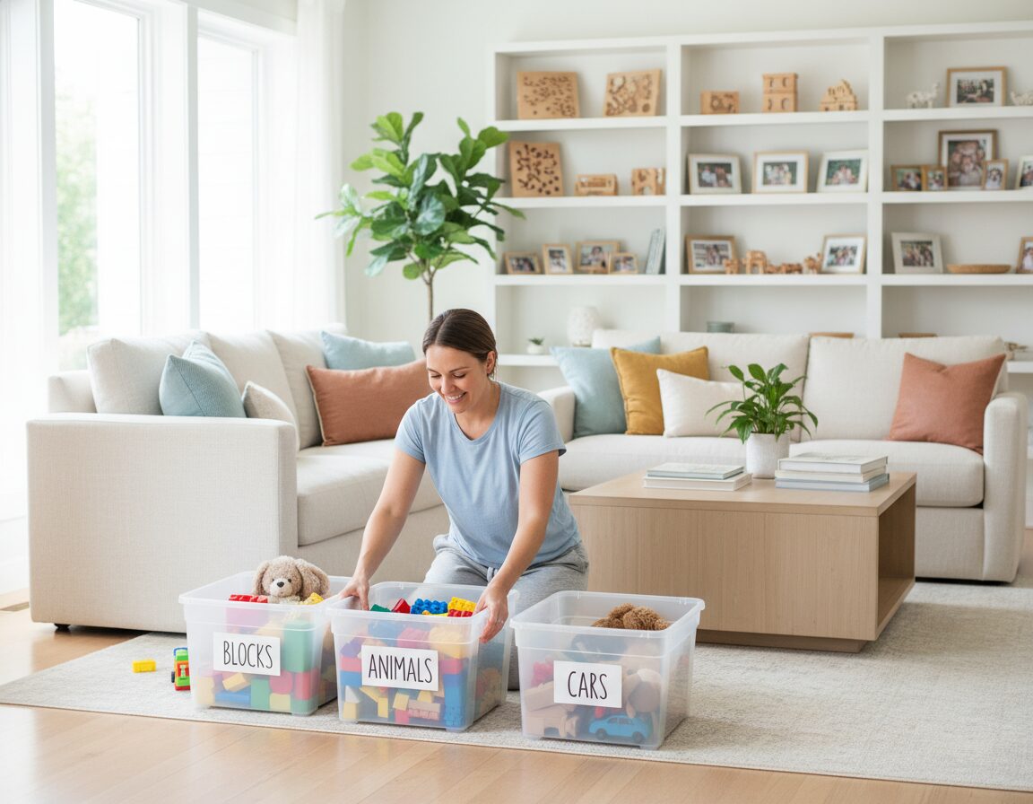 A warm, inviting family living room filled with natural light streaming through large windows. In the foreground, a parent in casual clothing is happily organizing a colorful collection of toys into labeled bins, creating a sense of order. In the middle, a stylish coffee table is free of clutter, showcasing a few decorative books and a fresh plant. Cozy couches with throw pillows complement the bright atmosphere, while a neat bookshelf in the background displays neatly arranged toys and family photos. The mood is uplifting and serene, evoking a sense of tranquility and accomplishment. Shot with a 35mm lens at a slightly elevated angle, highlighting both the tidiness and the family-friendly environment. Soft focus on the background adds depth and emphasizes the decluttered space.